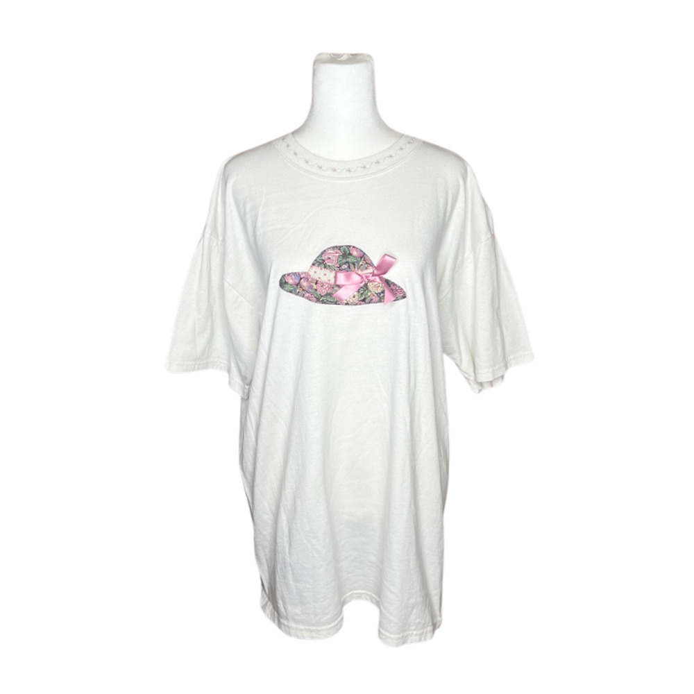 Vtg 90s Sun Hat Graphic T-Shirt L Floral Ribbon Cottagecore Grannycore Soft Girl